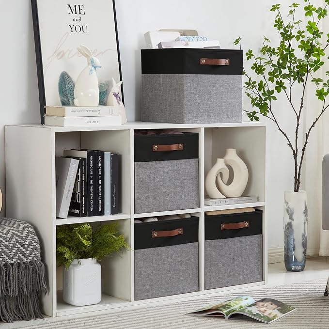 13x15x13 Storage Cube Bins, Foldable Storage Organizer Baskets, Fabric Cube Storage Boxes with 2 Reinforced PU Handles for Kallax, Shelves, Living Room | 4 Pack, Black & Gray