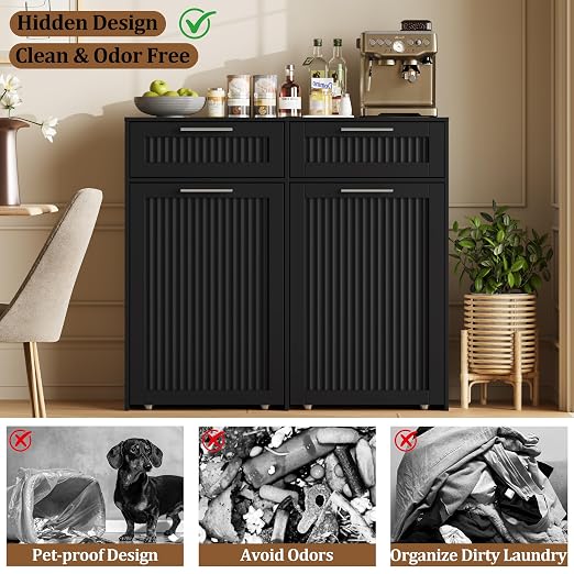 2 X 13 Gallons Pull Out Trash Can Cabinet, Double Trash Cabinet, Black | Fluted Kitchen Trash Cabinet with Drawers, Freestanding Hidden Garbage Pet Proof Trash Can Holder for Laundry, Living Room