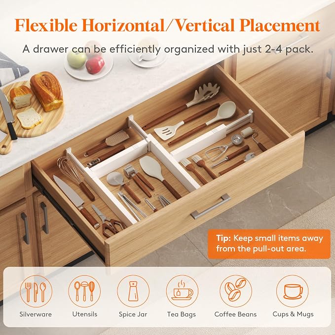 Lifewit 2.36" Upgrade Kitchen Drawer Dividers, Adjustable Drawer Organizer | 12 Pack 16"-22" Expandable White Drawer Separator for Clothes/Utensils, Dresser/Cabinet/Closet/Nursery Organization & Storage