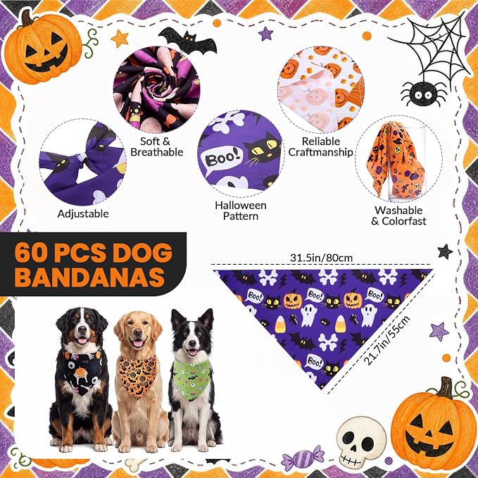 Sanwuta 60 Pcs Halloween Dog Bandanas Bulk Pet Bibs Scarf, Pumpkin Large | Adjustable Dog Bandanas, Triangle Scarf Holiday Pet Costume, Fits Small to Large Pet