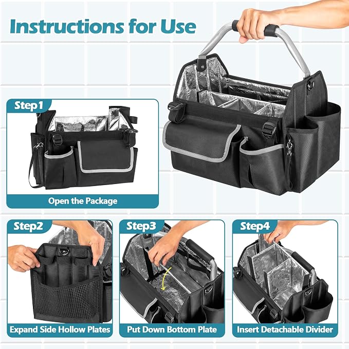 HODRANT Wearable Cleaning Caddy Organizer with Divider & Support Pad | Cleaning Supplies Bag with Handle & Detachable Shoulder Strap, Housekeeping Storage Box with Multi Pockets, Bag Only