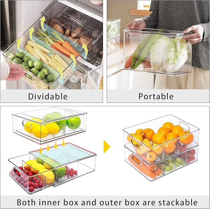 4Pack Stackable Fridge Drawers Pull-out Storage Bins with Handle Clear Food Container for Refrigerator Plastic Dresser Organizer Fruit&Veggie Keeper for Freezer Cabinet Kitchen Organization