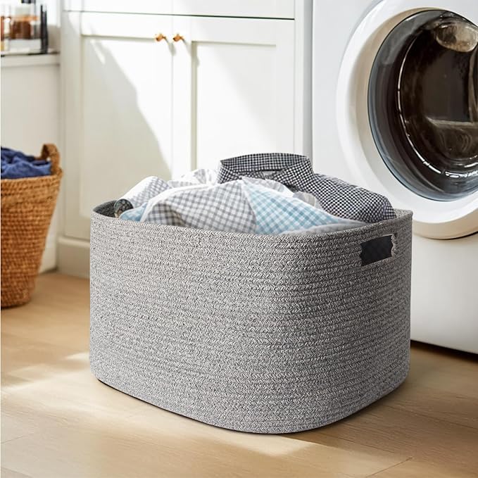 75L Large Storage Basket, 22”x17”x12” Blanket Storage for Living Room, Rectangle Woven Kids Toy Bin Box, Baby Laundry Basket, Cotton Rope Bin for Shoes Towels Stuffed Animals, Gray