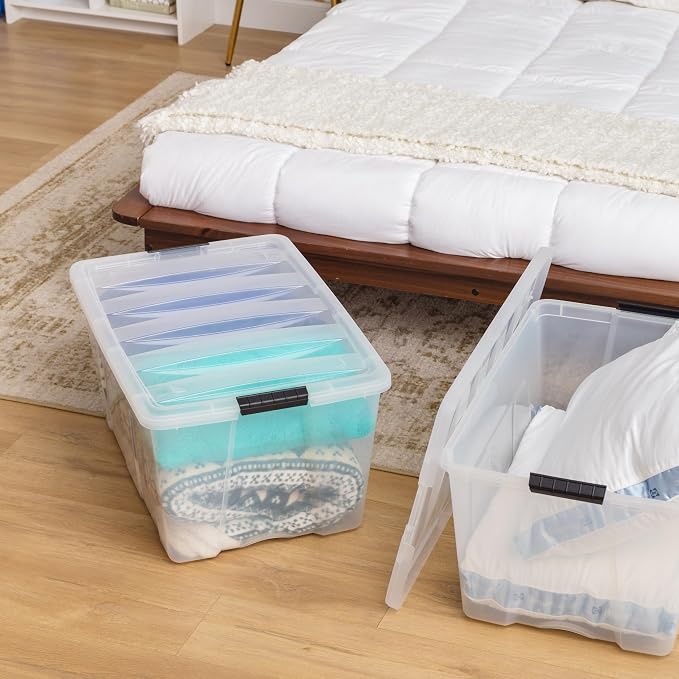 IRIS USA 4-Pack 94 Quart Storage Bins with Lids, Clear | Transparent design makes contents easy to find. Ideal for holiday décor, bulky items, and long-term storage. Nestable design