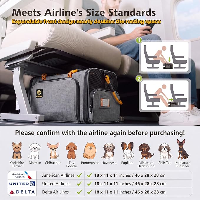 PAWZIDEA Expandable Pet Carrier for Small Cats & Dogs, TSA Airline Approved | 18"×11"×11" Soft-Sided Small Dog Travel Bag, Collapsible Top-Load Cat Carrier for 2 Cats Under Seat, Puppy Car Seat Up 15lbs