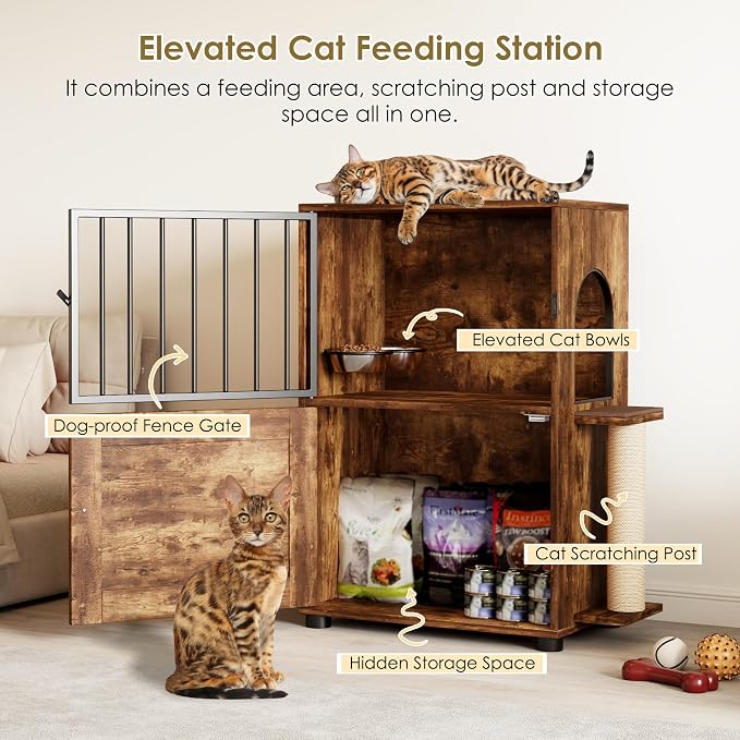 Dog Proof Cat Feeding Station, Dog Proof Cat Feeder, Cat Food Table,Vintage | Cat Feeding Station with Scratching Post, Elevated Food Bowls with Stand, Cat Tree with Food Storage, Cat House
