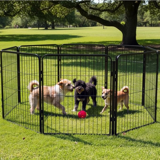 Dog Play Pen for Outdoor Use - 24'', 8 Panels for Small & Puppy Size Dogs - Portable Playpen Kennel for RV, Camping, & Yard - Heavy Duty Pet Fence w/Black Rust Resistant Coating