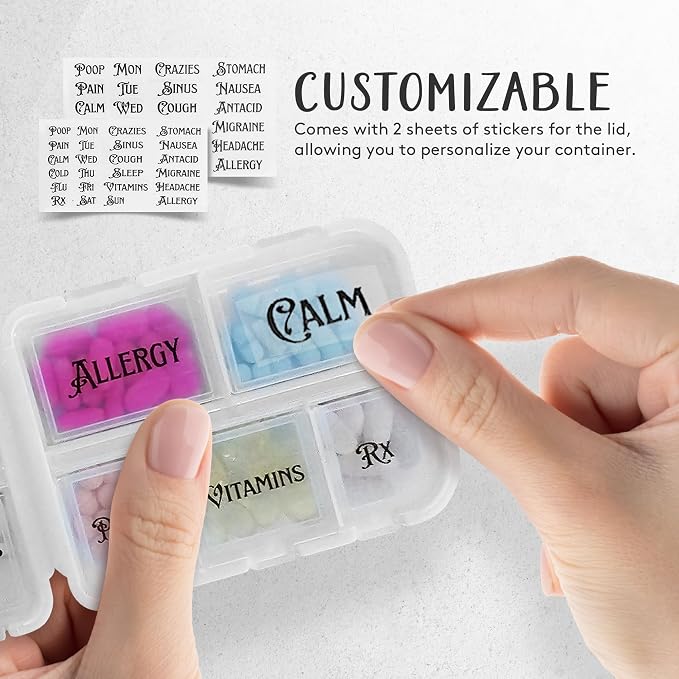 Pill Box with Sticker Labels - 10 Compartments Daily Pill Container - Travel Toiletries Medication Case with Secure Snap-Lock Closure