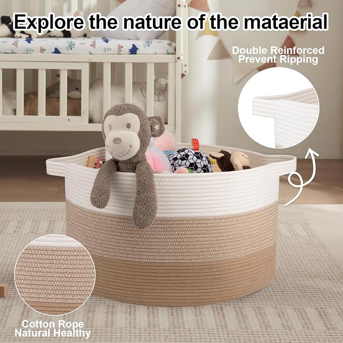 OIAHOMY 90L Extra Large Blanket Basket - Decorative Cotton Rope Storage Basket for Bedroom, Living Room & Nursery - Woven Laundry Hamper for Organizing Blankets, Clothes & Toys - Gardient Light Brown