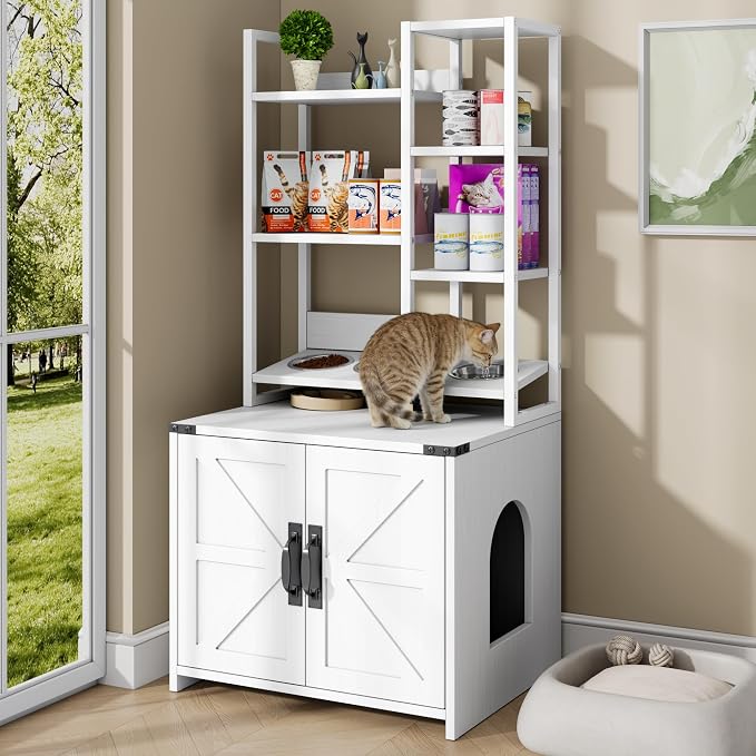 Saudism Cat Litter Box Enclosure with Feeding Station, Tall Cat Litter Box Furniture Hidden with 4-Tier Storage Shelves, Farmhouse Cat LitterBox Cabinet with Barn Door for Living Room, Bedroom, White