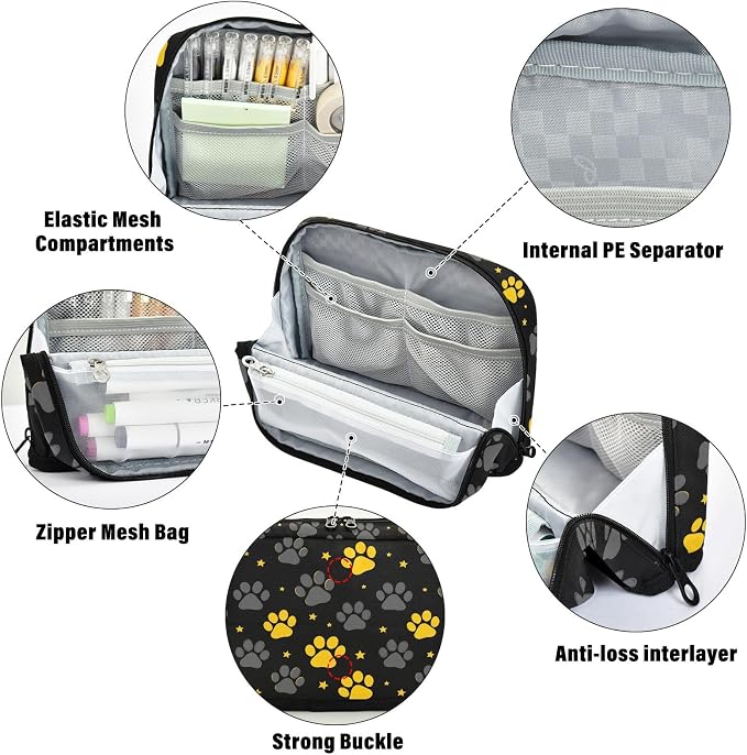 Aslsiy Large Capacity Pencil Case Yellow Grey Pet Paws Stars (1) Pencil Pouch for Boys Girls Portable Pen Bag Organizer Standing Makeup Bag for School Office Supplies