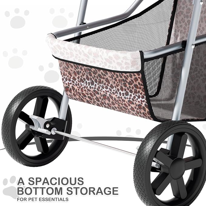MoNiBloom Pet Stroller for Small/Medium Dogs and Cats, Leopard Print | Foldable Dog Stroller 3 Wheels Pet Strolling Cart w/ Storage Basket Cup Holder, Breathable and Visible Mesh for All-Season