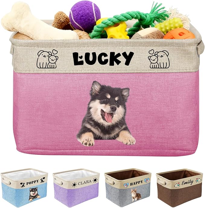 Personalized Dog Toy Storage Basket Custom Collapsible Toy Bin with Pet's Name and Photo-Rectangular Storage Organizer for Dog' Toys Clothing Blankets