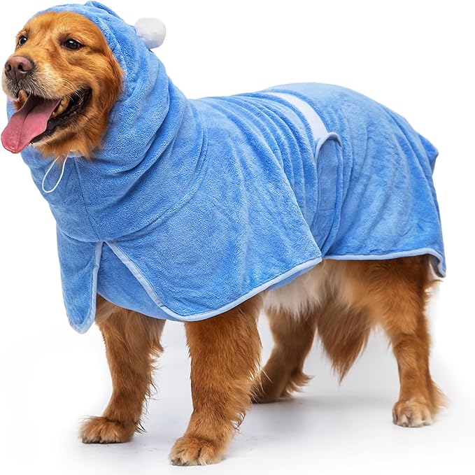 Dog Bath Towel Robe - Quick Drying Absorbent Hooded Pet Bathrobe Towel for Bath Grooming Beach Trip Pool - Soft Cozy Adjustable Drying Coat Hoodie for Medium Large Dogs