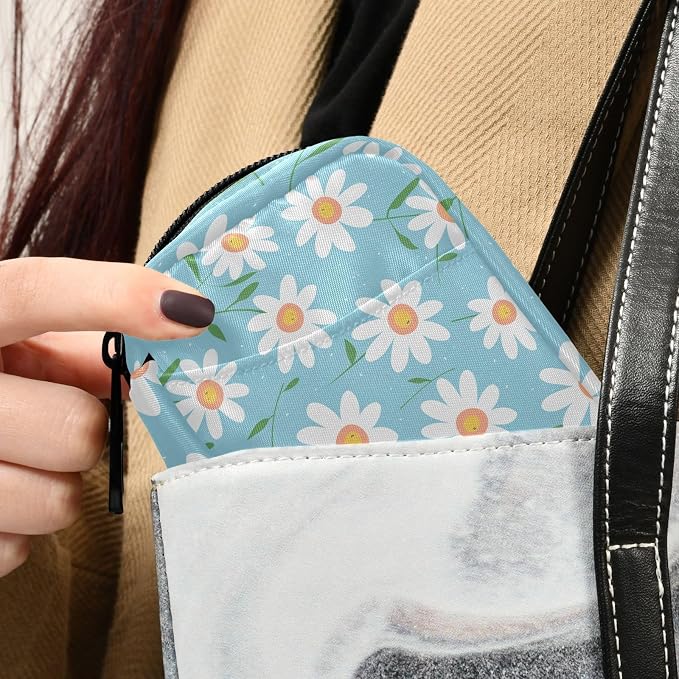 Fustylead Cartoon Daisy on Light Blue Background Pill Organizer for Purse, Weekly Portable Pill Box with Zipper to Storage Vitamins Fish Oils Medications Supplements