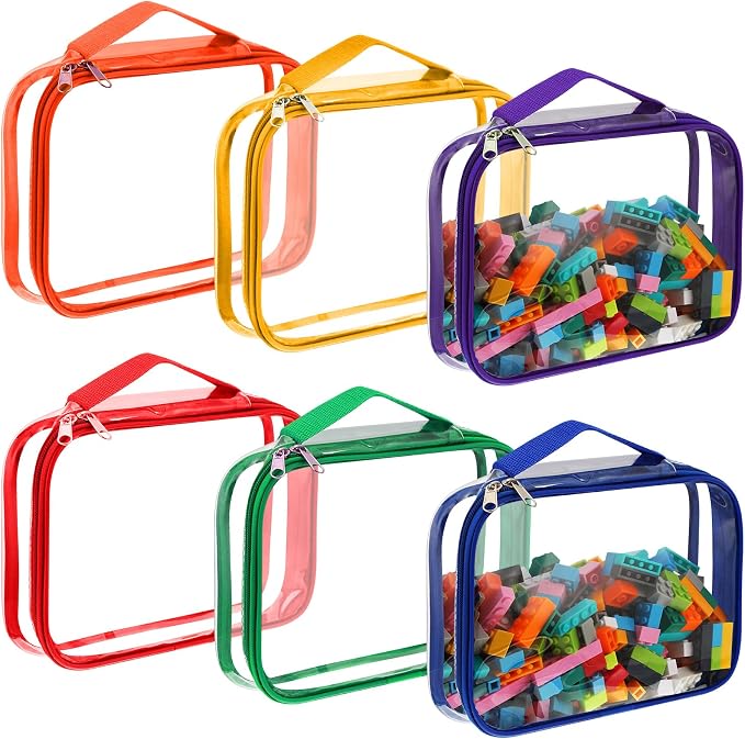 Sanwuta 6 Packs Toy Storage Bags with Zipper,Small,Bright Color | Clear Waterproof Games Storage， Large Portable PVC Container， Reusable Organizer for Board Games, Building Blocks, Puzzles