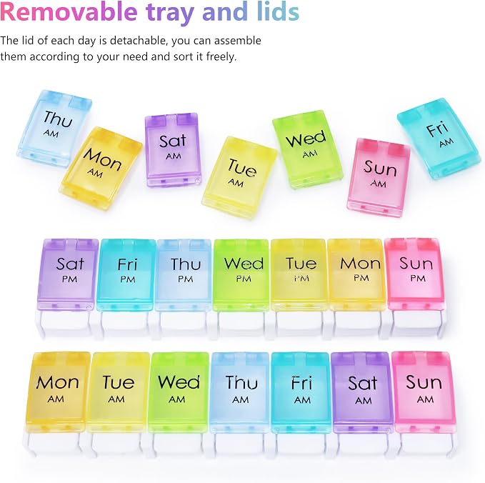 MOLN HYMY Large Pill Organizer 2 Times a Day, AM PM Pill Box 7 Day, 14 Dividers 2 Week Medicine Pill Organizer with Easy Push Button for Medication, Vitamins, Fish Oils, Supplements