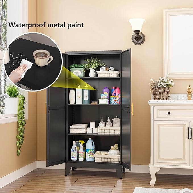 Black Kitchen Pantry Cabinets, 48" Metal Storage Cabinet for Office | Steel Kitchen Pantry Storage with Doors and 3 Adjustable Shelves, for Office, Home, Garage, School