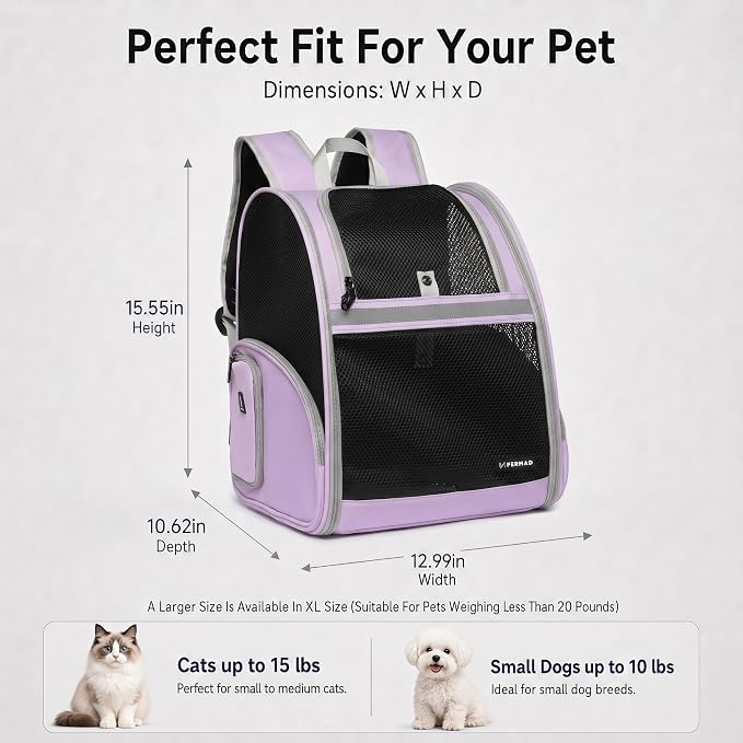 Cat Backpack Carrier for Small Dogs and Medium cat Puppy Kitten Bunny Pet Carrier Backpack Collapsible with Fully Ventilated Mesh with Safety Leash (Purple, 12.9" L x 10.62" W x 15.5" H - M)