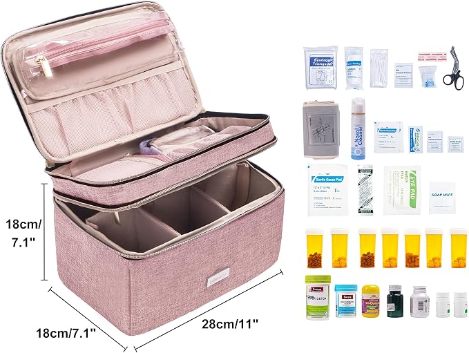 Lexeeco Travel Medicine Pill Bottle Organizer Bag with Portable Small Pouch | Medication Case with Lockable Zipper for Pill,Vitamin,Medicine Storage Box for College Dorm Student,Home,First Aid Bag Empty