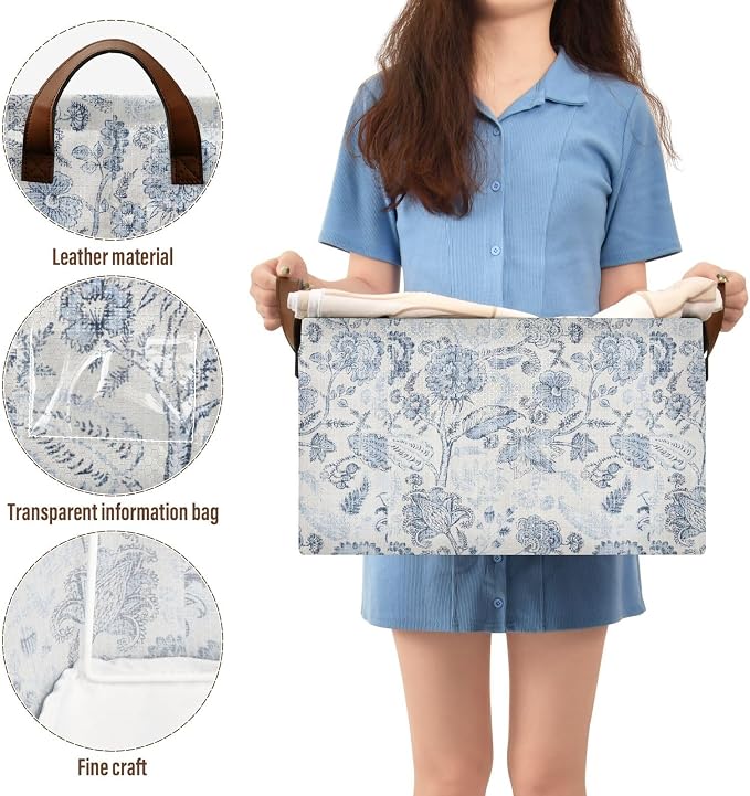 Vintage Blue Floral Rustic Retro Ethnic Storage Bins for Shelves with Labels&Handles Fabric Organizer Bin Foldable Rectangle Storage Basket Boxes for Closet, Bathroom, Home, Living Room