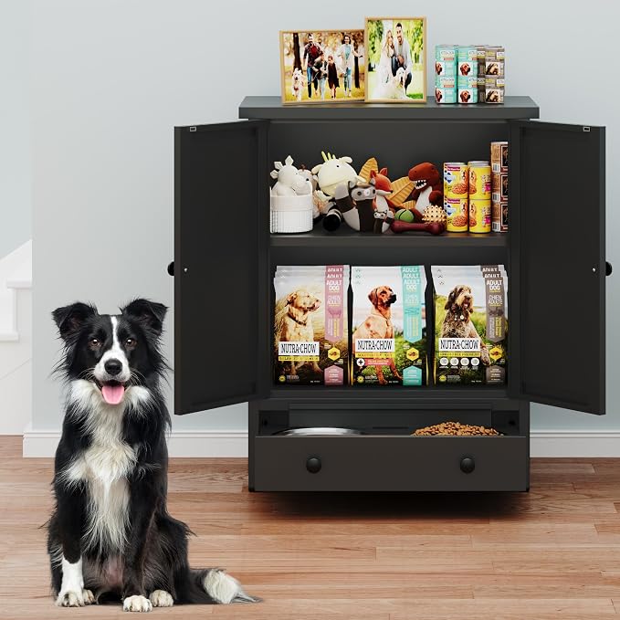 Dog Feeding Station with Storage, Metal Dog Food Storage Cabinet with 2 Elevated Bowls and 3 Hooks, Pet Feeding Station and Dogs Food Storage Organizer