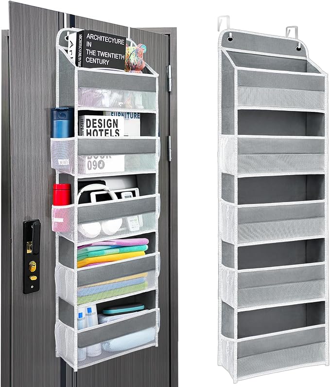 Ease of Assembly Over The Door Organizer,5 Shelves&8 Side Pockets | Anti-Tilt Hanging Door Storage for Closet Heavy-Duty Mesh Shelf for Bathroom, Closet, Toy Organization, Shoes, Towels, Grey