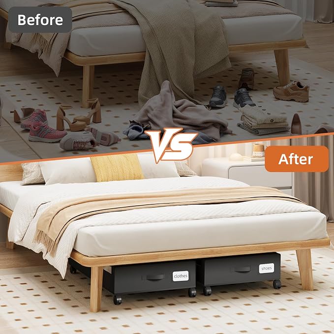 Somdot Under Bed Storage with Wheels, 2 Pack Under Bed Storage Containers | Underbed Shoe Storage Organizer with Clear Lids, Rolling Under The Bed Storage for Clothes, Blankets, Toys, Black