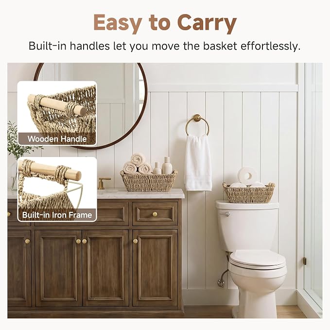 StorageWorks Small Baskets for Shelf, Seagrass Woven Basket for Gifts | Wicker Storage Baskets for Shelves, Baskets with Wooden Handles, 2-Pack Gifts Basket for Home Decor, Hand-Woven Basket