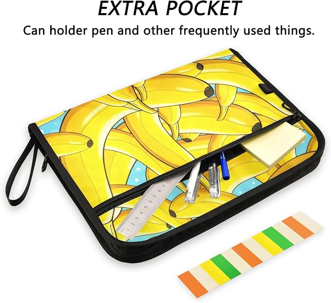 Yellow Banana Pattern with Blue Starry Background Expanding File Folder with Sticky Labels, 13 Pockets Accordion File Folder Document Organizer Expandable Zip File Folder with Zipper Closure