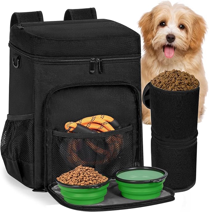 ANILD Dog Travel Bag Backpack, Flight-Ready TSA-Approved Dog Travel Bag with 2 Leak-Proof Food Canisters, 2 Foldable Silicone Bowls, Multi-Compartment Organizer for Hiking, Camping, Dog Mom Essentials