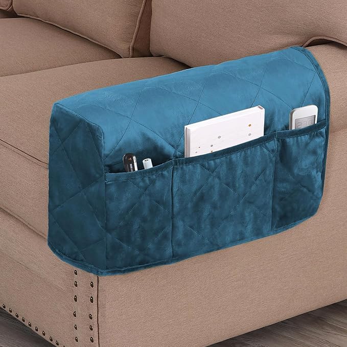 Velvet Quilted Armrest Covers - Water-Resistant Sofa Arm Protectors Set of 2 with Side Pocket Organizer, Non-Slip Furniture Covers for Chairs & Couches (Peacock Blue)