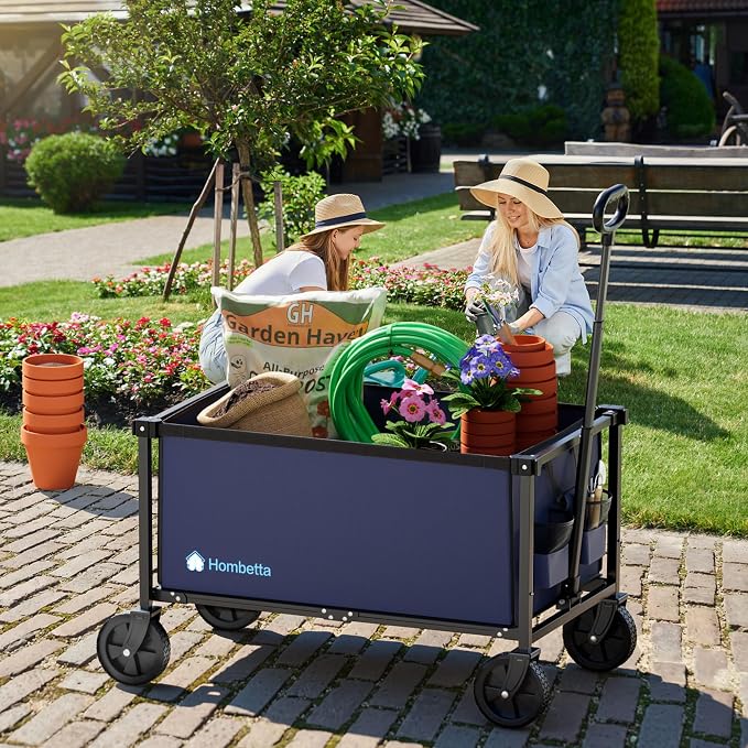 29.3" Collapsible Wagon Cart, 150L Heavy Duty Folding Utility Wagon with Wheels, 260 lbs Load, Portable Rolling Cart for Garden, Shopping, Sports, Camping, DarkBlue
