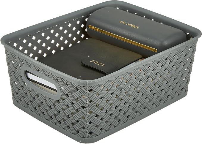 Simplify Small Resin Wicker Tote | Storage Bin | Plastic Organizer | Carrying Handles | Bathroom | Pantry | Accessories | Cleaning Products | Grey