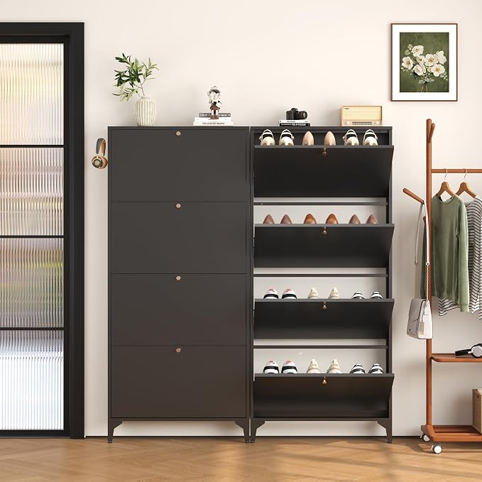 Shoe Cabinet with 4 Flip Drawers, Narrow Shoe Storage Cabinet, Farmhouse Shoe Organizer, Freestanding Organizer with Metal Legs for Entryway, Foyer (Black, 4 Door)