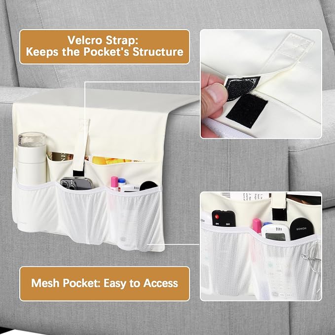 WOMACO Sofa Armrest Remote Magazine Holder, Non-Slip Armchair Recliner Caddy, Couch Arms TV Remote Control Organizer for Tablet, Phone, iPad, Laptop (Ivory, 16" x 35")