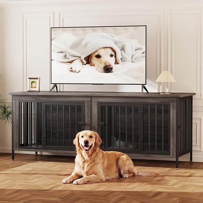 DUMOS 63" Dog Crate Furniture for 2 Dogs with Divider, Gray Wood Grain | Wooden Dog Kennel Furniture, Medium Breed, Center Divider, Double Doors, Heavy Duty Indoor Dog Cage, TV Stand, Side Table