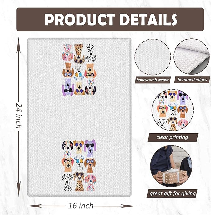 Funny Colorful Dog Kitchen Towels, Dog Lover Mom Owner Gifts Dish Tea Towels for Kitchen, Trendy Puppy with Glasses Hand Towel for Bathroom Decor, 16x24 Inches