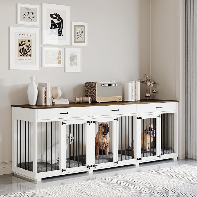 Dog Crate Furniture - Indoor Wooden Dog Kennel Crate with 2 Dividers, 3 Drawers, and 3 Lockable Doors, 95"x23.6"x31.5"H, White