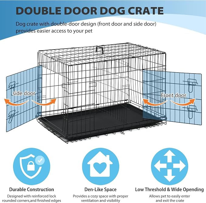 BestPet | 42" Dog Crate | Black | Foldable Metal Kennel with Single Doors, Secure Slide-Bolt Latches, Leakproof Tray | Portable Dog Cage for Large Breeds | for Travel, Indoor & Outdoor Use