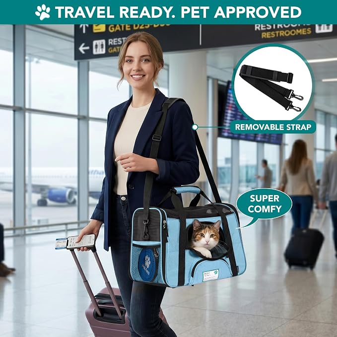 PetAmi Airline Approved Pet Carrier for Cats & Small Dogs, Large Light Blue | Soft Sided TSA Travel Bag, Sherpa Bed, Breathable Mesh Ventilation, Collapsible Bowl, Fits Under Seat, Up to 18 lbs