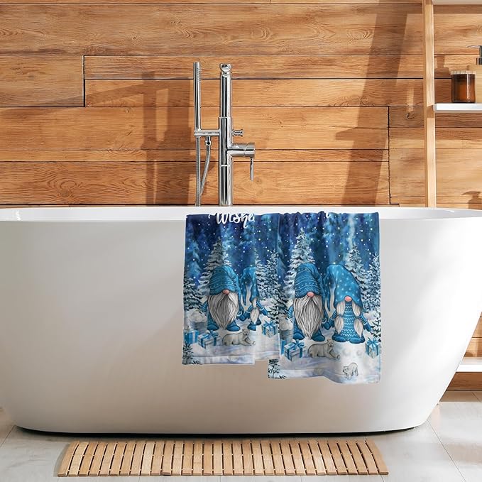 Giwawa Winter Gnomes Hand Towels Blue Pine Tree Kitchen Dish Towels Set of 2 Soft Face Bathroom Towel Seasonal Decorative for Guest Hotel Spa Gym