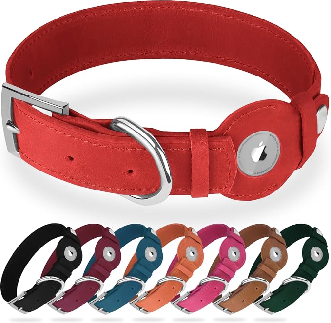 Leather Dog Collar with Airtag Holder - Apple Air Tag Dog Collars - Soft Tracking GPS Pet Collar for Small Medium Large Dogs Breed Puppy (Red, L, 15"-19" Neck Fit)