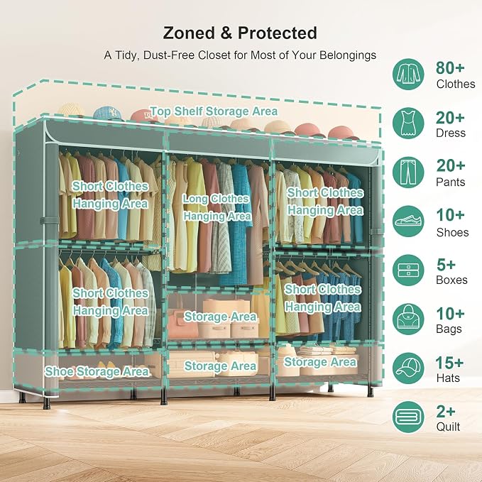 SEMHOR K01C Heavy Duty Clothes Rack with Grey Cover, Max Load 860LBS | Freestanding Portable Closet System with Shelves, Adjustable Carbon Steel Garment Rack, Clothing Racks for Hanging Clothes