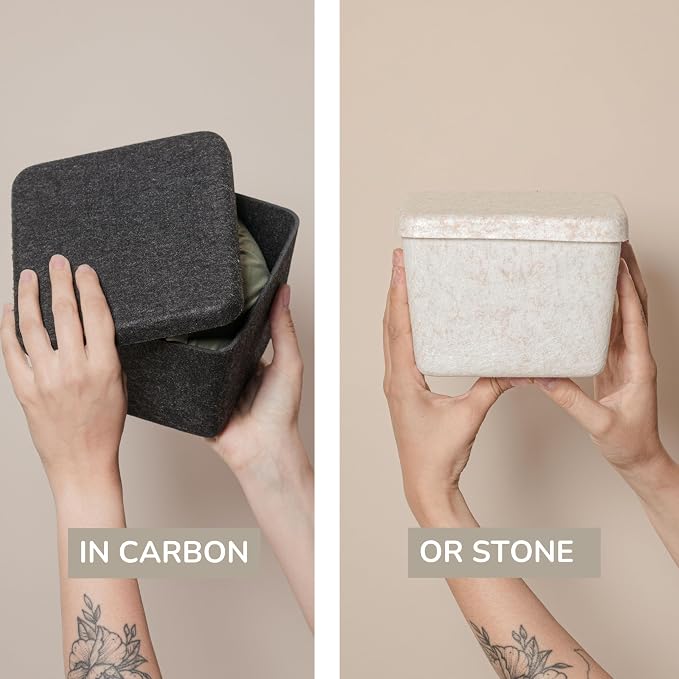 SortJoy The Sculpted Bin - Petite with Lid Set of 3 Storage Bin Felt Storage Basket Drawer Organizer Clothes Closet Cabinet Bathroom, Pantry, Kitchen Bin: 6.3" x 6.3" x 4.5" (Stone, Oatmeal)
