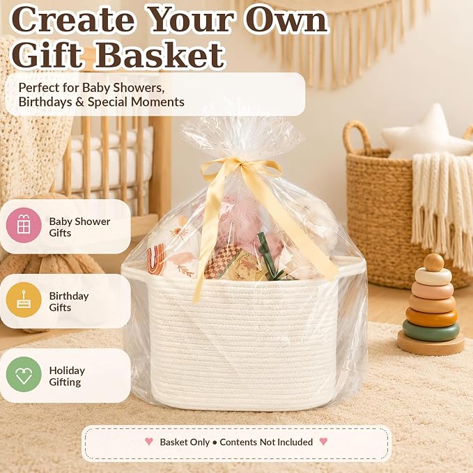 XUANGUO Woven Cotton Rope Storage Basket with Handles 13x10x9 inch White | 13" x 10" x 9" woven cotton rope basket for shelves and closets. Perfect for toys, books, towels, clothes and nursery storage