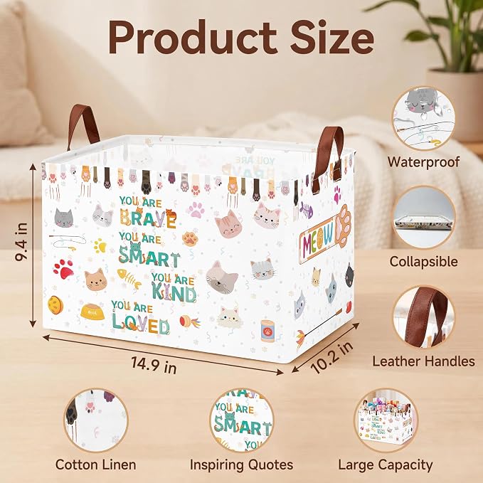 Cute Cat Toy Storage Basket,Square Toy Bin,Storage Bin for Pet Room Decor | Collapsible Nursery Storage Bin with Sturdy Handles for Clothes, Toys, Pillows, Living Room Bedroom Bathroom