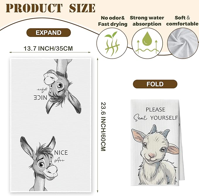 Kitchen Towels Set of 2, Farm Animal Dish Towel for Kitchen, Donkey Sheep Bathroom Decorative Hand Towels, Fast Drying Tea Towel with Slogans, Housewarming Gifts for Women Mom -B23