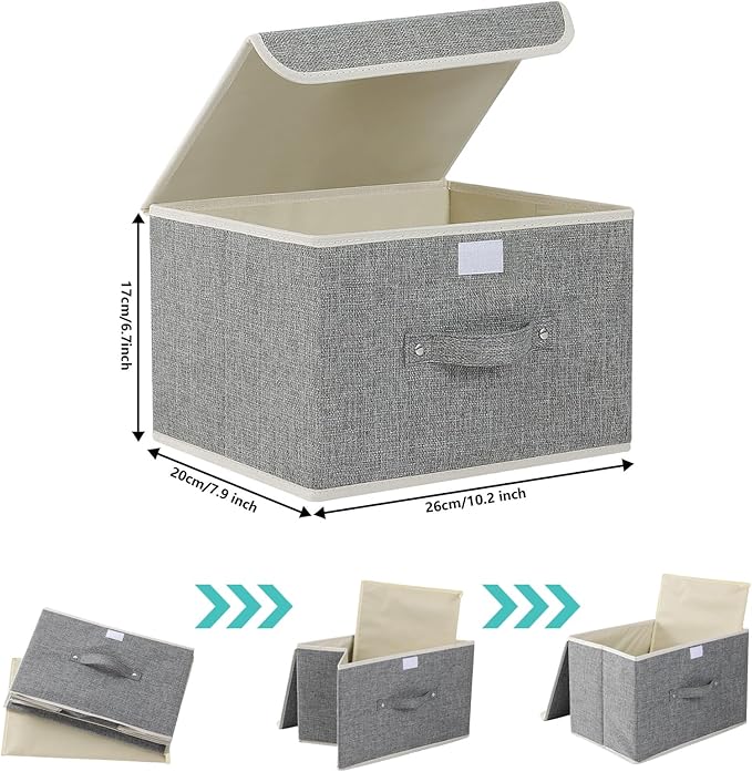 Foldable Fabric Storage Cubes with Lids,Grey 10.2x7.9x6.7in,1 Pack | Storage Bins with Handles,PP Panel Closet Organizers,Washable Boxes,Collapsible Fabric Container for Underwear and Socks