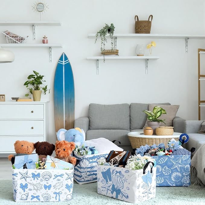 4pcs Christmas Storage Basket Fabric Laundry Baskets with Handle Xmas Foldable Organizer Boxes for Office Home Baby Cloth Toy Book 15 x 10 x 8(Summer Shell)